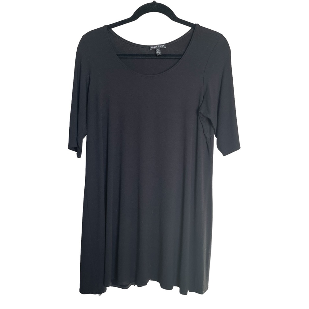Eileen Fisher Top L Stretch Viscose Jersey Tunic Scoop Neck Elbow Sleeve Black